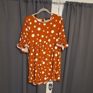 Rae Mode Women's Rust/Cream Polka Dot Dress Tunic Ruffle Sleeves Pockets Sz 1X?
